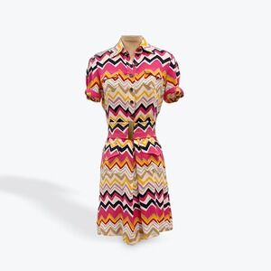 Diane von Furstenberg Silk Chevron Print Shirt Dress Pink Yellow Size 2